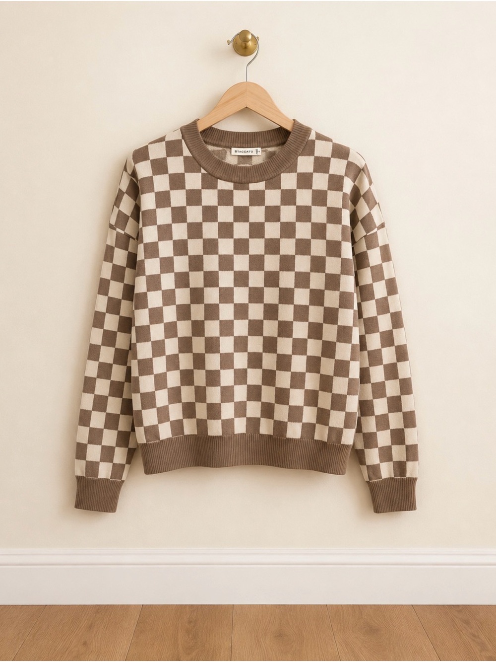 Staccato Cream and Brown Checker Crewneck Sweater